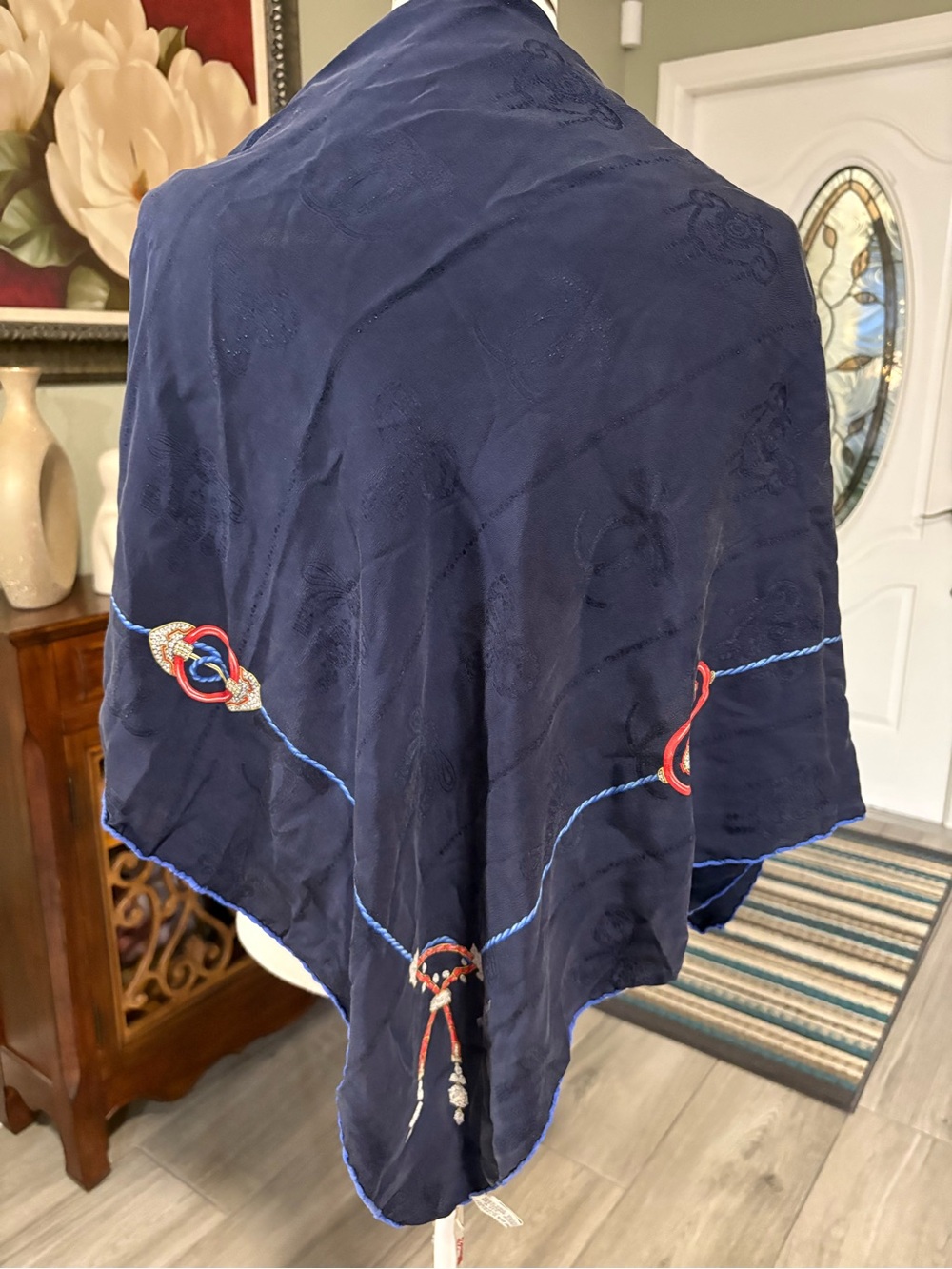 Navy Silk Scarf with Rope and Dot Print